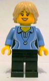 LEGO cty0355 Medium Blue Female Shirt with Two Buttons and Shell Pendant, Black Legs, Tan Tousled and Layered Hair